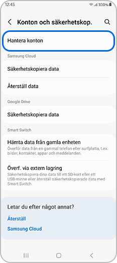 Hantera konton i Konton och säkerhetskopiering