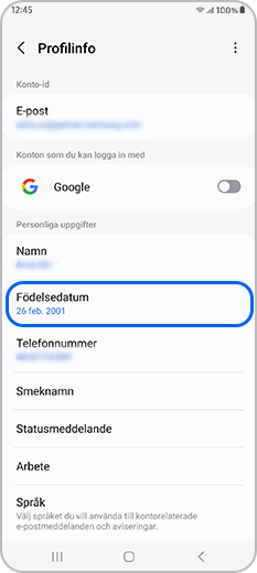 Tryck på Födelsedatum i Samsung-kontots profil
