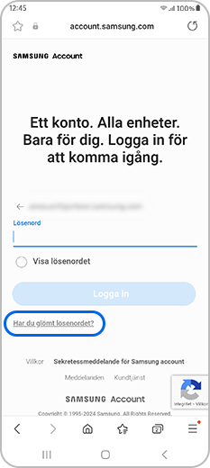 Hypertext med Har du glömt lösenordet? på Samsung-kontots webbsida