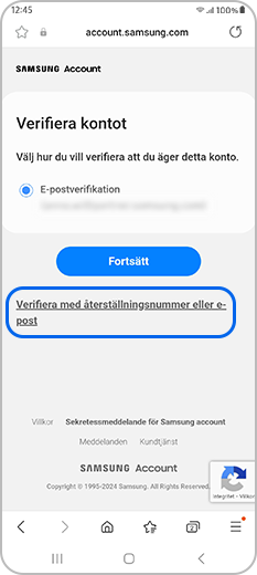 Webbsidan för att verifiera Samsung-kontot med återställningsnummer eller e-post