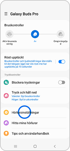 Hörlursinställningar väljs