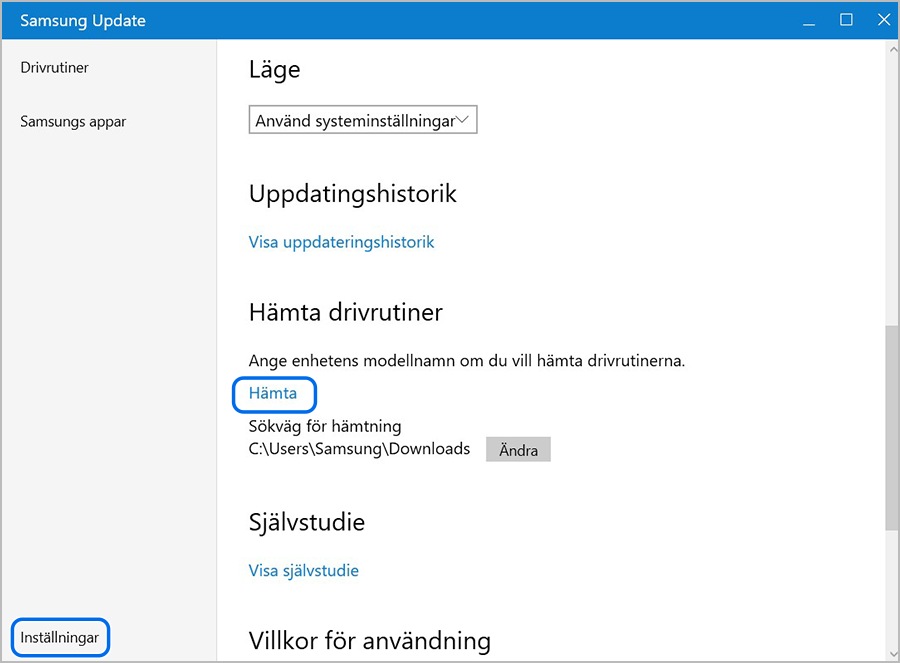 Klickar på Inställningar och Ladda ner drivrutin