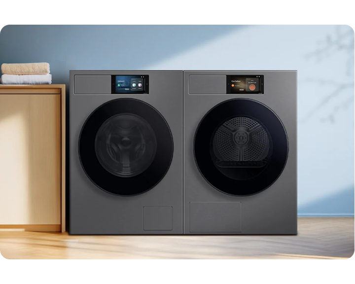 Två Bespoke AI tvättmaskiner sida vid sida