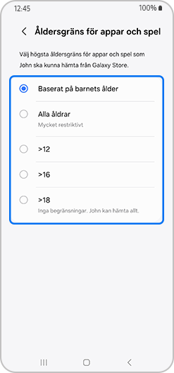 Skärm för åldersgränser för appar och spel, som visar alternativet Alla åldrar valt.