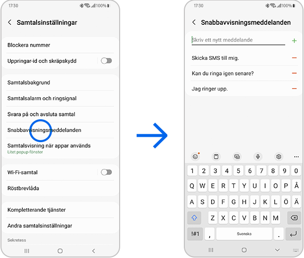 Så ställer du in ett snabbavvisningsmeddelande.