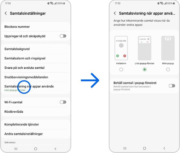 Så ställer du in samtalsvisning när appar används.