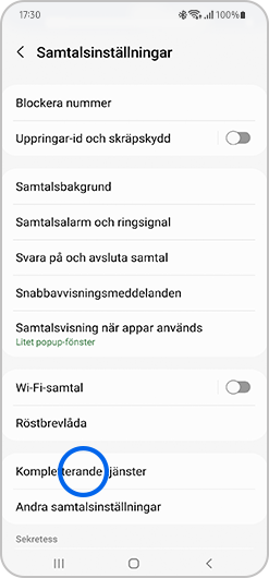 Välj Kompletterande tjänster i menyn för Samtalsinställningar.