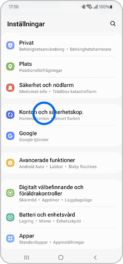 Tryck på Konton och säkerhetskopiering.