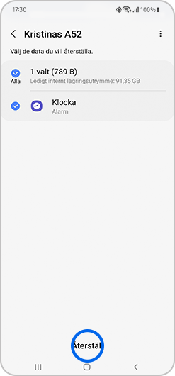 Markera vilka data du vill återställa och tryck på Återställ.