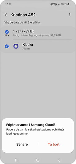Välj om du vill frigöra utrymmi Samsung Cloud.
