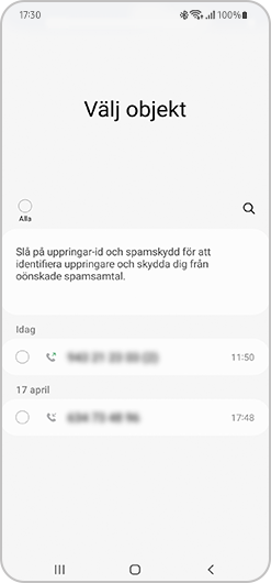 Välj det samtal du vill radera eller tryck på Alla.
