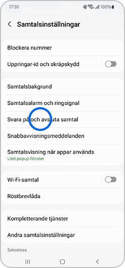 Bild med Svara på och avsluta samtal markerat i menyn.