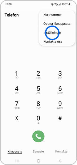 Inställningar markerat i Popup-menyn