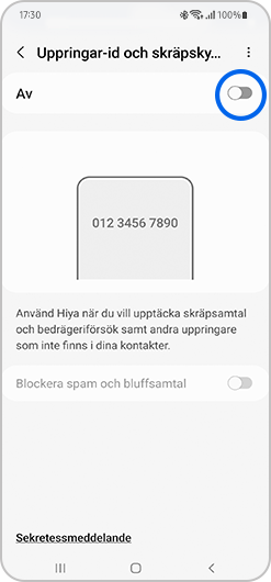 Aktivera reglaget för Uppringar-id och skräpskydd.