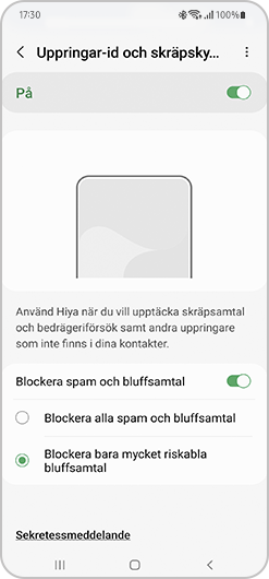 Valen för Blockera spam och bluffsamtal.