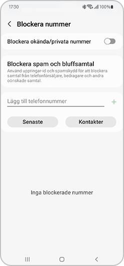 Aktivera reglaget eller lägg till ett telefonummer för att blockera samtal.