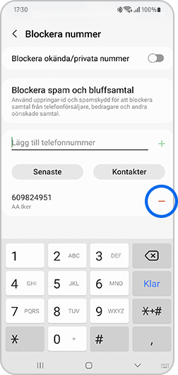 Tryck på minussymbolen för att radera numret du lagt till.