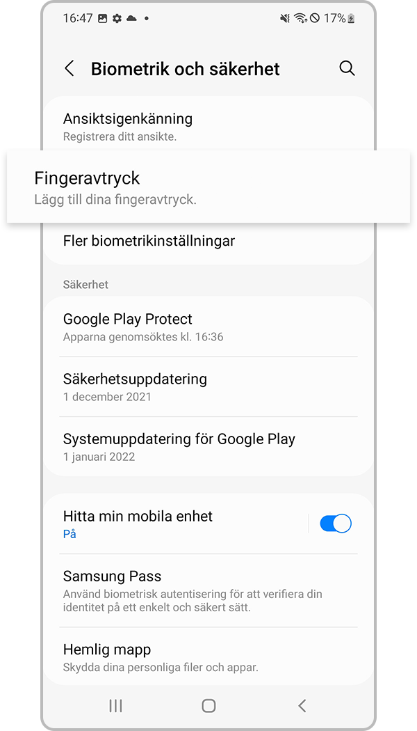 fingeravtrycksigenkänning registrering steg 2