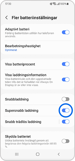 Aktivera reglaget för Supersnabb laddning.