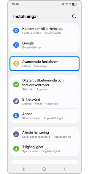 Välja menyn Avancerade funktioner