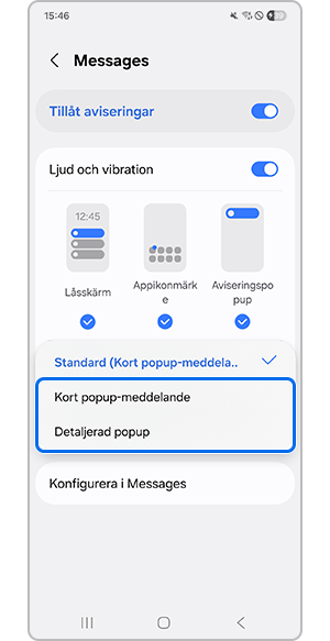 Tryck på antingen Kort popup-meddelande eller Detaljerad popup