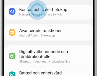 Tryck Konton och säkerhetskopiering.