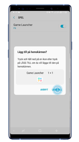 Bekräfta att du vill lägga till Game Launcher på hemskärmen