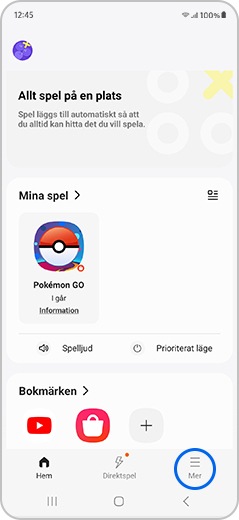Fler alternativ markerade i appen Gaming hub