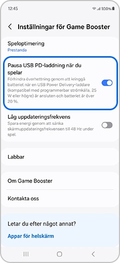 Pausa USB PD markerad i inställningarna för Game Booster