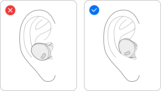 En person som bär Galaxy Buds pro på rätt sätt med en blå markeringsbock och på fel sätt med ett rött X