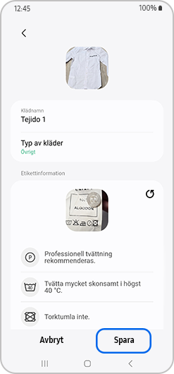 Ange namn och typ av plagg och välj sedan Spara