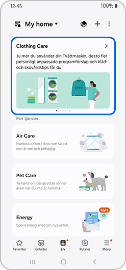 Klädvårdskortet i avsnittet Liv i SmartThings