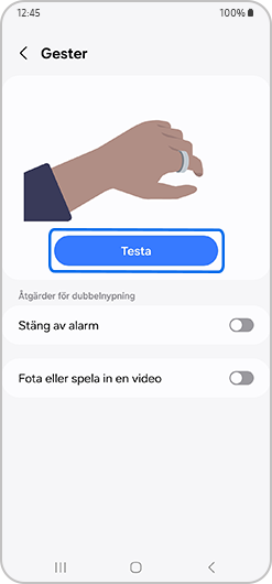 Prova-knappen för inställningen Gester markerad