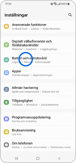 Välj Batteri och Enhetsvård i menyn Inställningar.