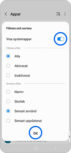 Visa systemappar och OK väljs