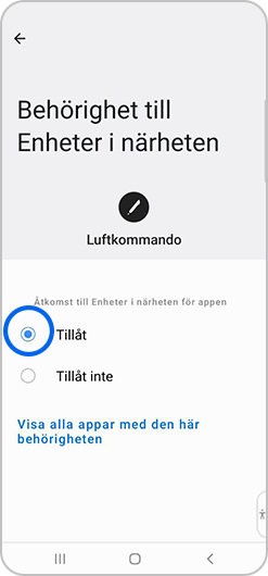 Tillåt väljs i behörighet till enheter i närheten