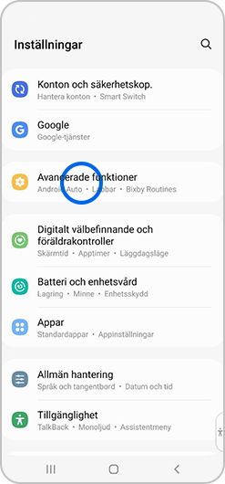 Avancerade funktioner väljs i inställningsmenyn