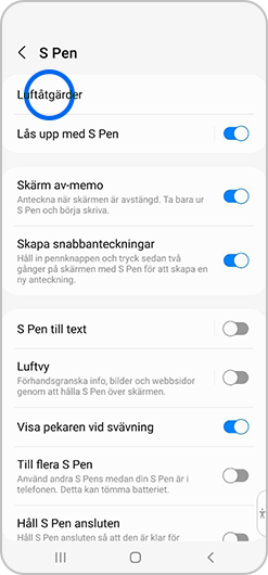 Luftåtgärder väljs i S Pen menyn