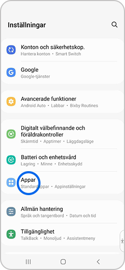 Appar väljs i inställningsmenyn