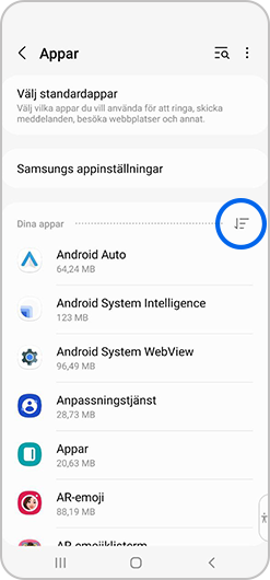 Sortera efter -ikon väljs I applistan