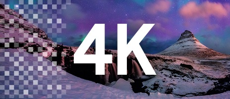 Nattbild av en snöig bergstopp med stjärnhimmel. Rutmönster med varierande genomskinlighet som illustrerar pixlar med hög kvalitet. Ett överlägg med texten ”4K” visas ovanpå.