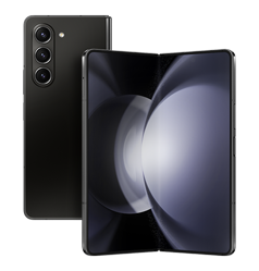Two Galaxy Z Fold5 phones in Black, one is folded and seen from the rear, the other is unfolded and seen from the Main Screen.