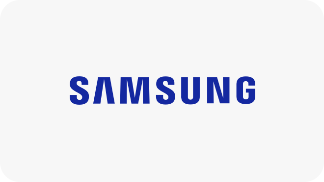 In a grey rectangle, there's Samsung lettermark in Samsung blue colour