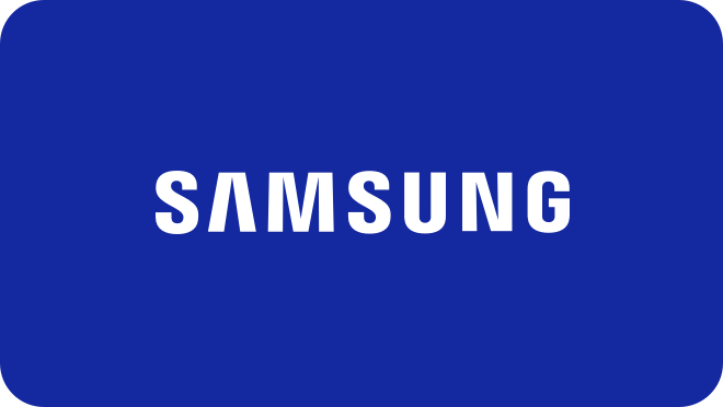 In a blue rectangle, there's Samsung lettermark in white