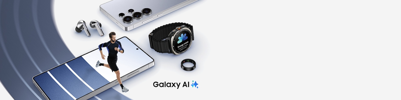 Two Galaxy S25 Ultra devices. The one in the front is facing the front. The one in the back is in rear view. On the top left is Galaxy Buds3 Pro earbuds. On the opposite side is Galaxy Watch Ultra with Energy score onscreen. Below is Galaxy Ring. A track is in the background and also displayed on the Galaxy S25 Ultra in the front. A person in sportswear is running along the track. Galaxy AI and logo are at the bottom right.