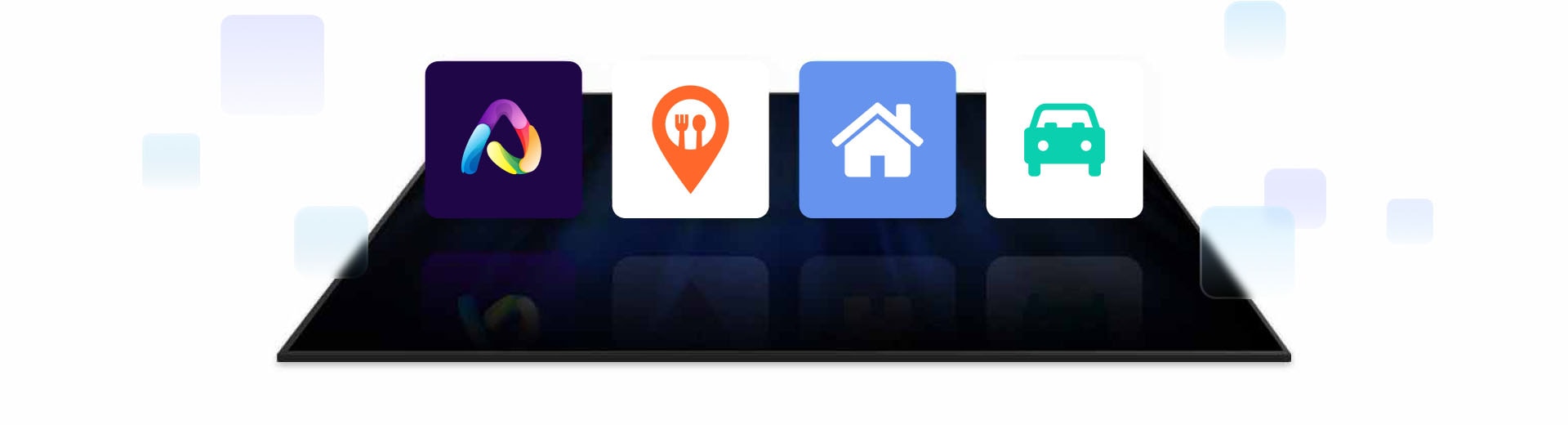 Above the screen positioned flat, are various application icons such as art, menu board, real estate listings, and automotive sales floating around.