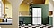 There is a Samsung Bespoke refrigerator installed in a colorful, modern kitchen.