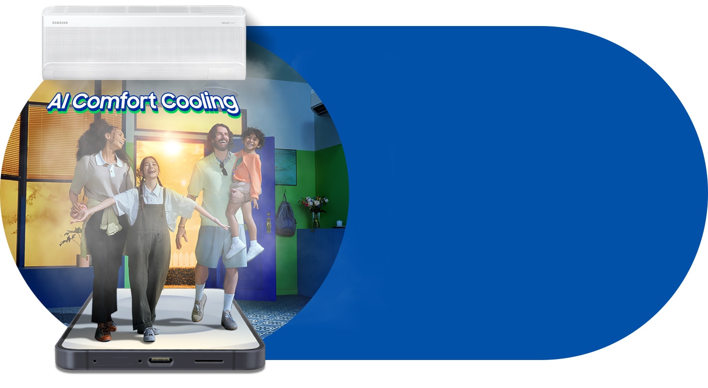 A family of four leans back in slow motion with happy expressions and hands up under the WindFree AC. “AI Fast Cooling” appears below the AC, then the whole scene tilts left and reveals the family as they enter their home. They stand on a giant phone beneath the WindFree AC, followed by “AI Comfort Cooling.”