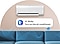 There’s a wall-mounted WindFree AC on a light pink wall, with a conversation bubble below it reading, “Hi Bixby. Turn on the air conditioner.” Below the bubble, blue lines represent sound waves from the voice command. A blue sofa sits beneath the AC.
