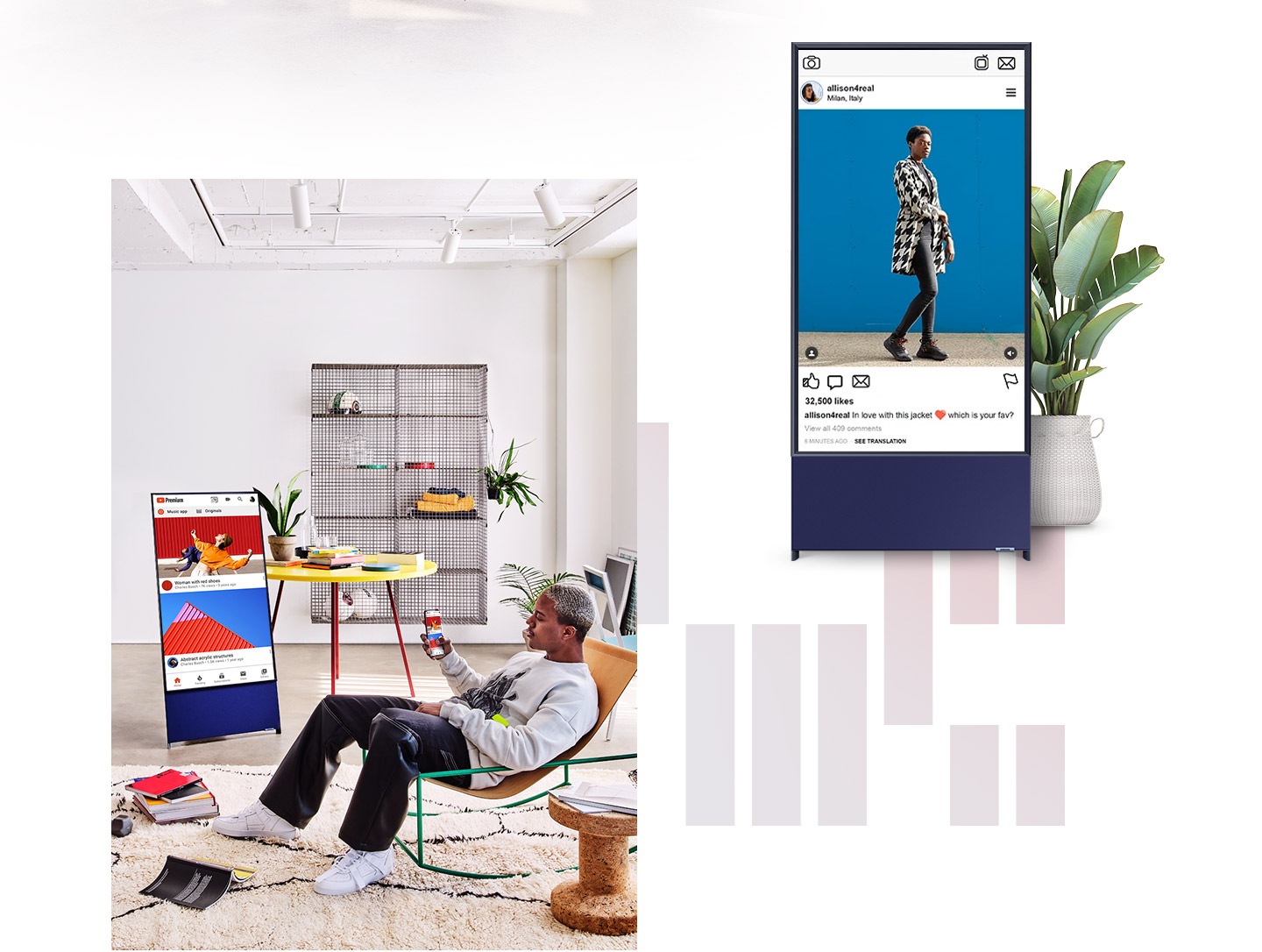 A man is streaming social media on his phone. The same image is mirrored on The Sero which is in portrait mode. The Sero, which is in landscape mode shows a car. Then it rotates to portrait mode and shows social media on its screen.